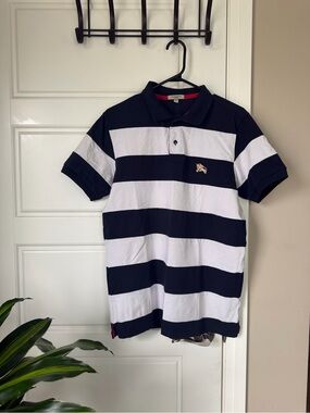 Burberry Navy & White Striped Polo Shirt with Embroidered Crest